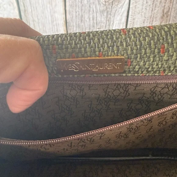 Yves Saint Laurent Olive Green Woven Crossbody with Tan Leather Trim - Picture 9 of 12